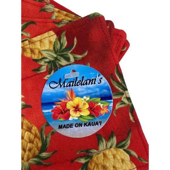 Mailelani's Hawaiian Coasters Red Gold Pineapple Print Green Quilted Vintage - Picture 5 of 9